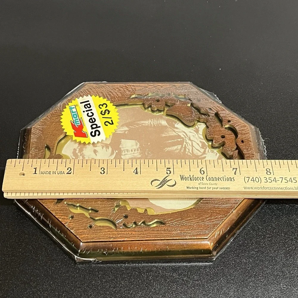 KMART Faux Wood Octagon Design Photo Frame Cutout Design Gold Inlay Vintage New